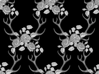 Seamless summer boho tribal fashion pattern with decorative floral deer antlers vector background perfect for wallpaper, pattern fill, web page, surface texture, textile. Horns and floral roses crown
