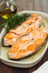 fried salmon on dish on wooden background