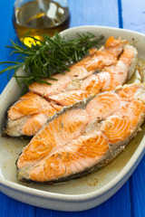 fried salmon on dish on wooden background