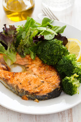 fried salmon on dish on wooden background