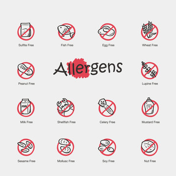 Set of allergens icons isolated on light background. Contains such icons as fish, egg, peanut, milk, sesame and more.