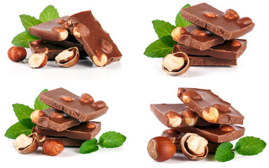 Chocolate with hazelnut and mint leaf isolated on white background. Set or collection
