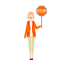 Casual woman holding stop sign. Vector illustration