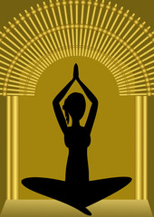 Yoga training, woman silhouette in golden gate, spiritual symbol, asana