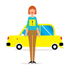 Fototapeta premium Driving school for woman. Female standing before new car. Vector illustration.