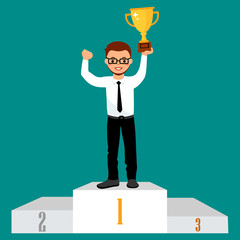 Awards ceremony. Business woman in office form with winner cup on a pedestal. Isolated on a white background. Vector illustration in a flat style.