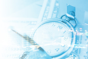 Money saving concept with vintage clock for the past,save money concept with double exposure style.