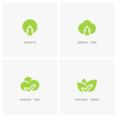 Nature logo set. Green tree and leaves with check mark, plant with arrow symbol - ecology, evolution and environment icons.