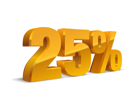25% percent off, sale, golden-yellow object 3D. Eps10 Vector.