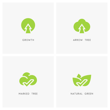 Nature logo set. Green tree and leaves with check mark, plant with arrow symbol - ecology, evolution and environment icons.