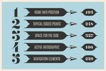 Obraz premium Set of infographic design, vintage arrows, banners, numbers and text for industrial design, navigation sign in market place, bank, hotel. Business concept elements in retro style. Vector Illustration