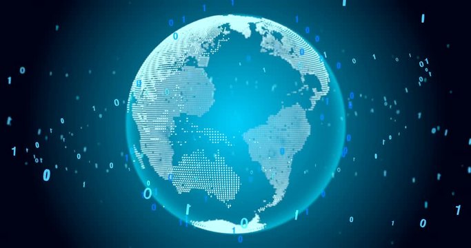 Earth rotating surrounded by bytes particles