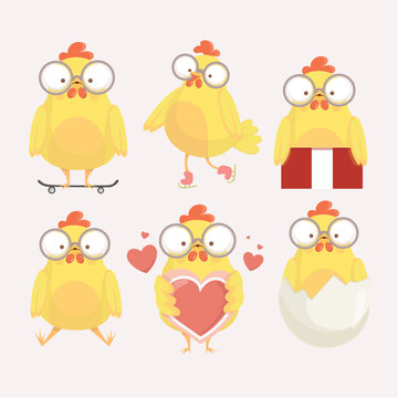Funny yellow chickens in different poses, vector illustration.