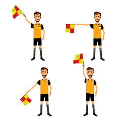 Soccer referee with signal flag in hand. Checkered flag signs.