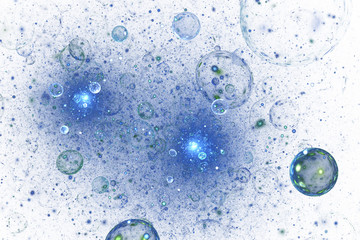 Abstract blue drops and sparkles on white background. Fantasy fractal texture. Digital art. 3D rendering.