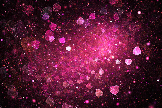 Bright galaxy. Abstract shining hearts and sparks swirl on black background. Fantastic fractal texture in bright pink colors. Digital art. 3D rendering.