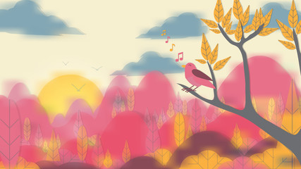 Paper-cut Style Bird on Tree Branch with Blurred Landscape Background - Vector Illustration.