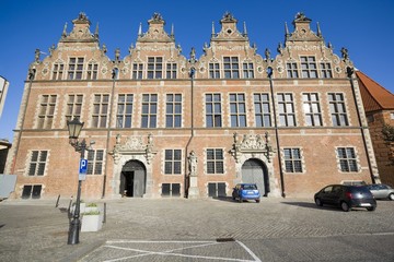 Ornate facade of Great Armoury in the Old Town of Gdansk taken from Targ Weglowy, Poland
