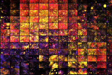Abstract glittering geometric texture with yellow, red and violet sparkles on white background. Fantasy fractal design. Digital art. 3D rendering.
