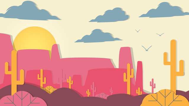 Paper-cut Style Applique Desert with Cactus and Mesa  - Vector Illustration