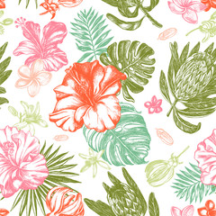 Decorative seamless pattern with ink hand-drawn Tropical flowers and leaves. Vector illustration.