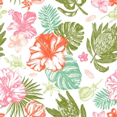 Fotobehang Decorative seamless pattern with ink hand-drawn Tropical flowers and leaves. Vector illustration. © olga_zaripova