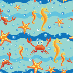 Fototapeta na wymiar Seahorse, starfish and crab. Seamless pattern. The background is a blue summer sea. Design for textiles, tapestries, a poster with children's characters cartoon sea creatures.