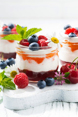 sweet dessert with jam and cream on white board, vertical closeup