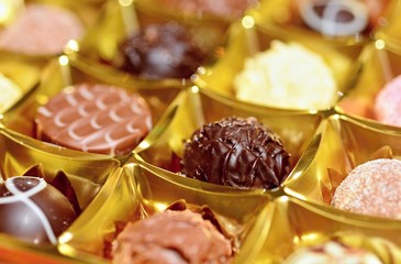 A Close up of Belgian Chocolate Pralines in the Box. 