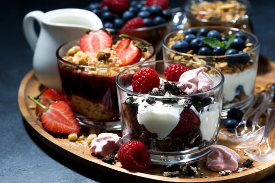various desserts with berries and cream