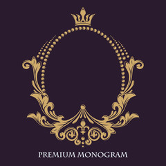 Decorative floral pattern. Gold graceful frame. Heraldic symbols. Monogram initials and exclusive calligraphic design elements. Vector business sign, identity for hotel, restaurant, jewelry, fashion.