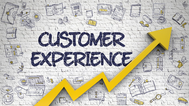 Customer Experience on Modern Style Illustation. with Orange Arrow and Hand Drawn Icons Around. Customer Experience - Business Concept. Inscription on Brick Wall with Doodle Icons Around. 3D.
