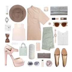 fashion blogger concept. Minimal set of Feminine accessories on white background. - 152338294