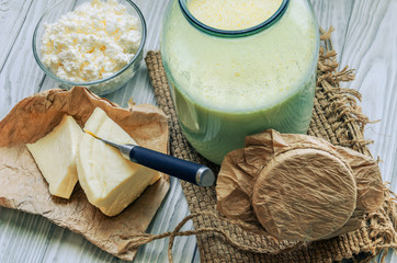 Dairy products on a wood background