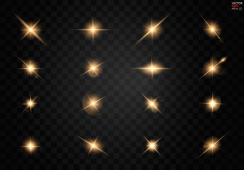 Set. Shining star, the sun particles and sparks with a highlight effect, golden bokeh lights glitter and sequins. On a dark background transparent. Vector, EPS10