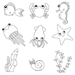Obraz premium Flat design cute animals set. Underwater life: fish, jellyfish, seahorse, starfish, crab, squid, shells and seaweeds. Line art
