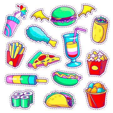 Neon cartoon set of fast food patch badges in pop art style. Vector collection of stickers and pins with meal.