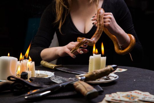 The serpent tempter helps a witch to do the blood rituals of black magic