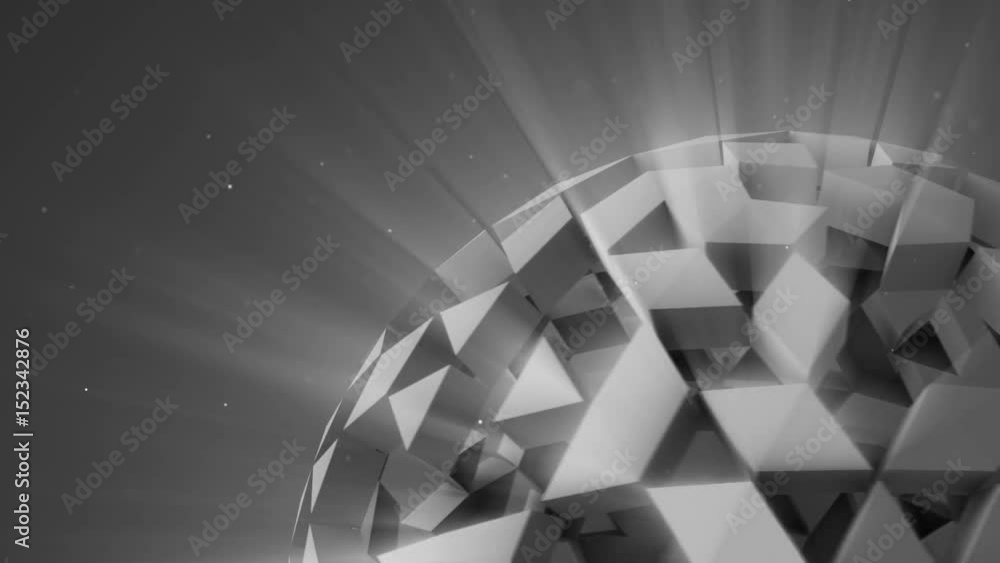 Poster grey polygonal sci-fi ball rotating. computer generated abstract 3d render animation 4k uhd (3840x21
