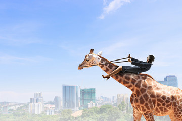 Obraz premium Woman ride giraffe