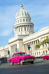 Brightly colored classic American cars serving as taxis pass on the main street in front of the Capitolio building in Central Havana, Cuba - obrazy, fototapety, plakaty