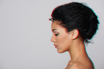 Beauty closeup profile portrait of beautiful mixed race caucasian - african american woman, 3d...