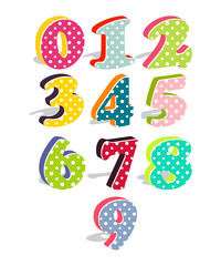 Cute set of dotted 3d numbers isolated on white background. Vector illustration. Element for design. Kids alphabet. one, two, three, four, five, six, seven, eight, nine, zero