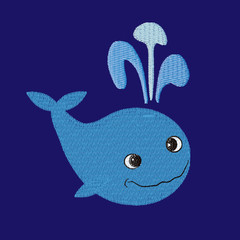 Whale patch embroidery, vector illustration of sea animal, cute character of underwater life, decorative element for baby, children clothes, things