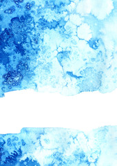 Blue watery frame .Abstract watercolor hand drawn illustration. Azure splash.White background.