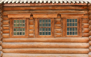 Facade of an old wooden house in the park Kolomenskoe