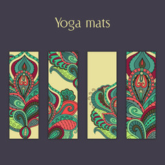 Set of yoga, pilates, meditation mats with indian hand drawn floral ornament.