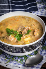 Soup with barley and chicken gizzards.
