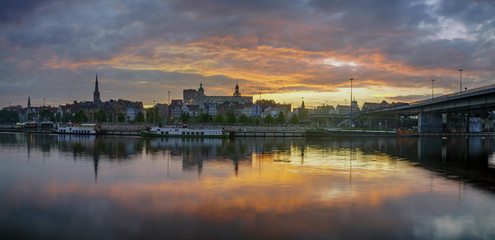Panorama of Szczecin, Colorful sunset over the city - obrazy, fototapety, plakaty