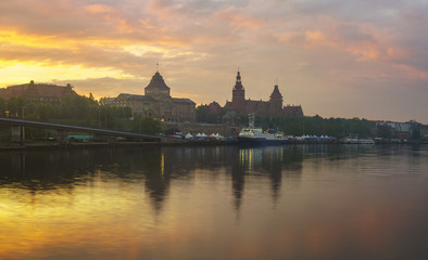 Fototapeta na wymiar Panorama of Szczecin, Colorful sunset over the city
